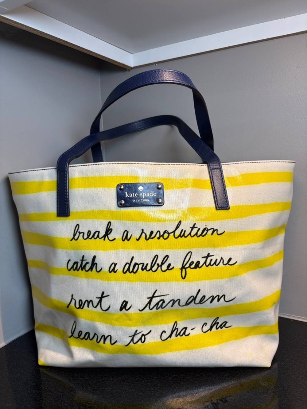 kate spade Yellow and Navy Striped Canvas Tote with Navy Handles